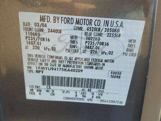 1FMYU94175KA40209 - 2005 FORD ESCAPE LIM GRAY photo 10