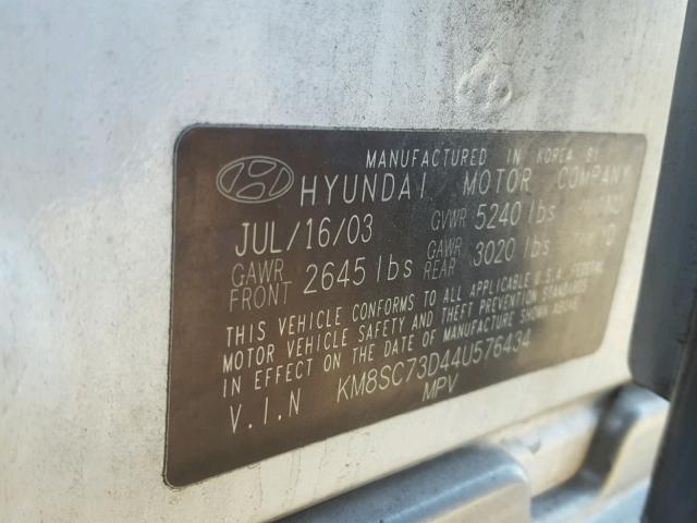 KM8SC73D44U576434 - 2004 HYUNDAI SANTA FE G WHITE photo 10