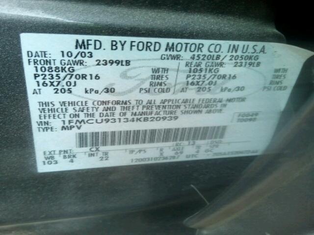 1FMCU93134KB20939 - 2004 FORD ESCAPE XLT GRAY photo 10