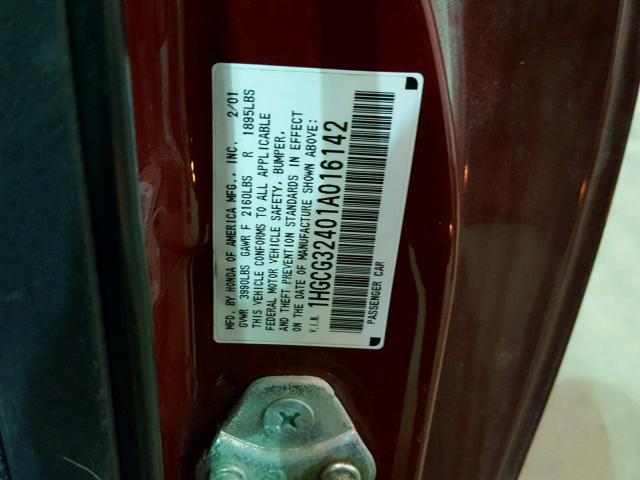 1HGCG32401A016142 - 2001 HONDA ACCORD LX RED photo 10