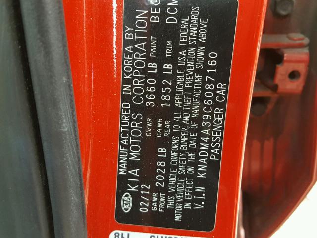 KNADM4A39C6087160 - 2012 KIA RIO LX Կարմիր լուսանկար 10