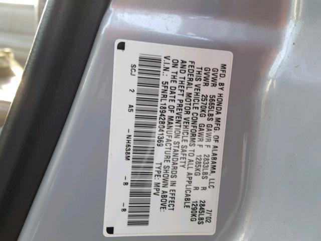 5FNRL18942B041369 - 2002 HONDA ODYSSEY EX SILVER photo 10