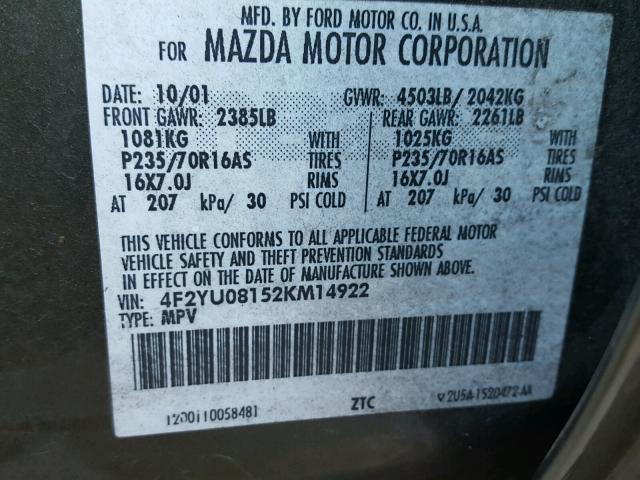 4F2YU08152KM14922 - 2002 MAZDA TRIBUTE LX GREEN photo 10