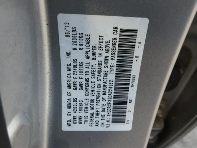 1HGCR2F39DA224952 - 2013 HONDA ACCORD LX SILVER photo 10