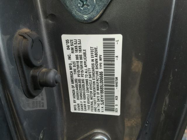 5J6YH18685L006686 - 2005 HONDA ELEMENT EX GRAY photo 10