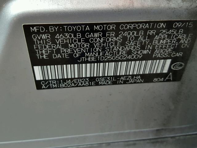 JTHBE1D25G5024009 - 2016 LEXUS IS 350 SILVER photo 10