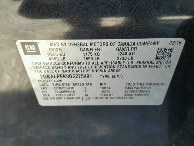 2GKALPEK8G6275491 - 2016 GMC TERRAIN SL BLACK photo 10