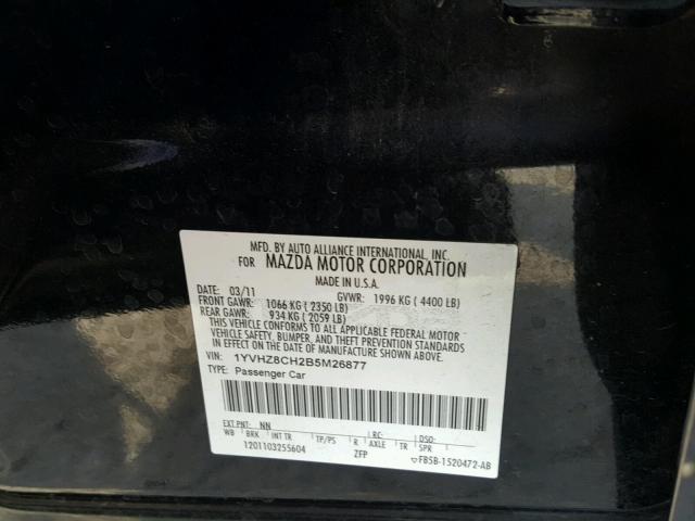 1YVHZ8CH2B5M26877 - 2011 MAZDA 6 I BLACK photo 10