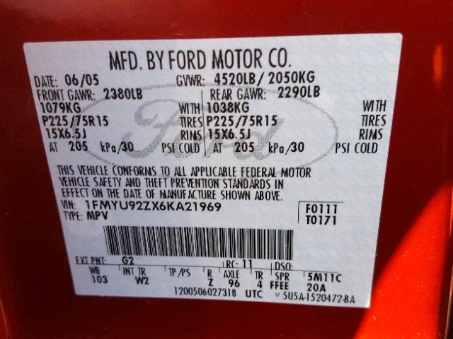 1FMYU92ZX6KA21969 - 2006 FORD ESCAPE XLS RED photo 10