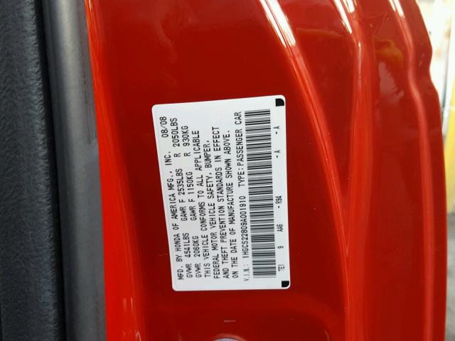 1HGCS22809A001910 - 2009 HONDA ACCORD EXL RED photo 10