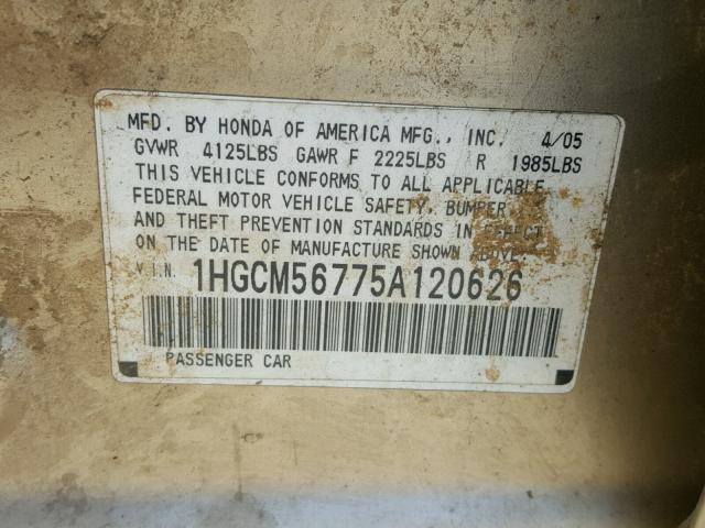 1HGCM56775A120626 - 2005 HONDA ACCORD EX GOLD photo 10