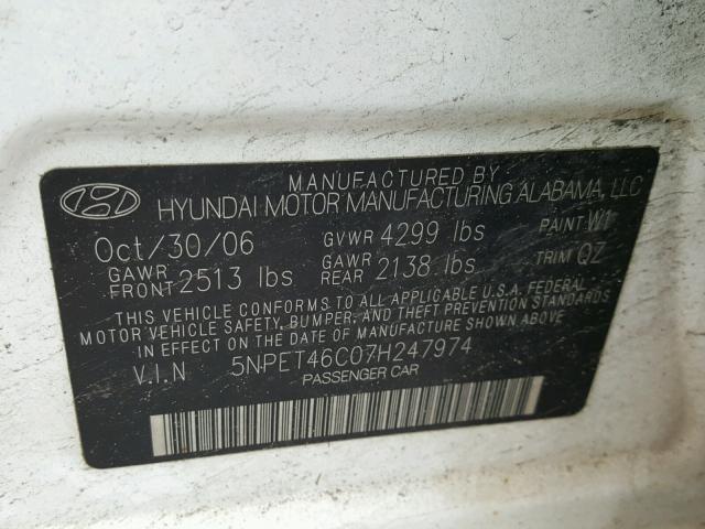 5NPET46C07H247974 - 2007 HYUNDAI SONATA GLS WHITE photo 10