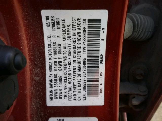 JHMZE2H70AS004995 - 2010 HONDA INSIGHT RED photo 10