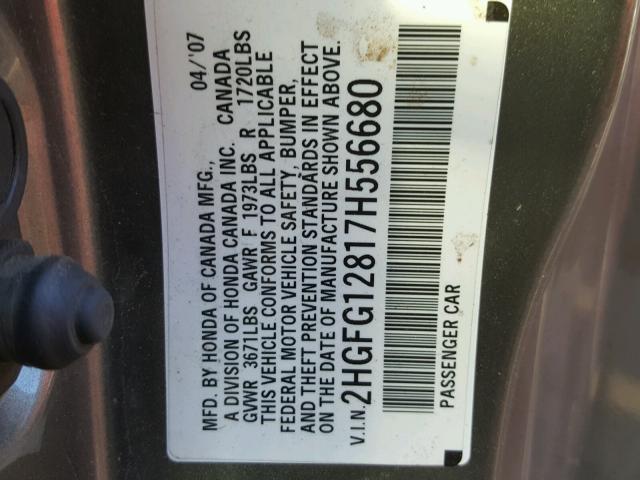 2HGFG12817H556680 - 2007 HONDA CIVIC EX ვერცხლისფერი ფოტო 10