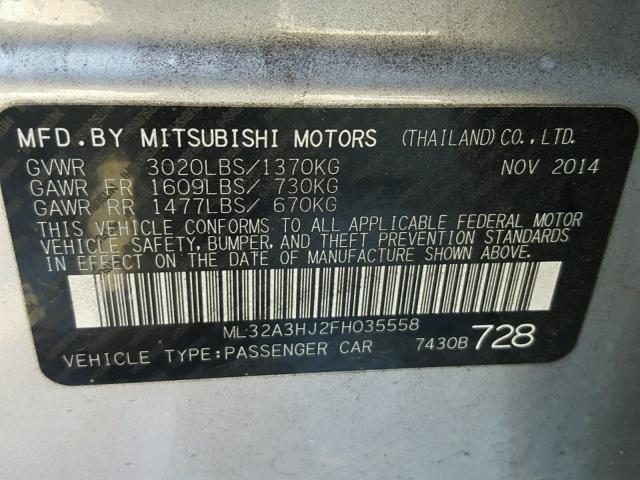 ML32A3HJ2FH035558 - 2015 MITSUBISHI MIRAGE DE SILVER photo 10