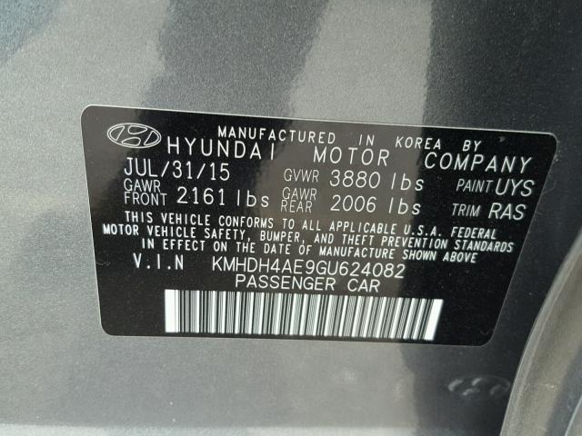 KMHDH4AE9GU624082 - 2016 HYUNDAI ELANTRA SE GRAY photo 10