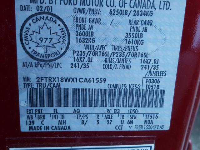 2FTRX18WX1CA61559 - 2001 FORD F150 RED photo 10