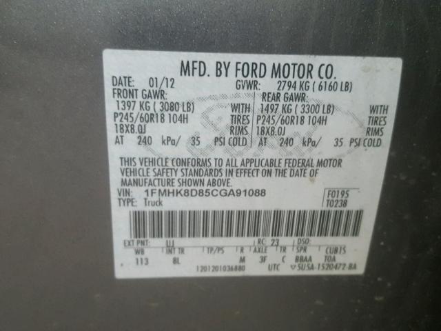 1FMHK8D85CGA91088 - 2012 FORD EXPLORER X GRAY photo 10