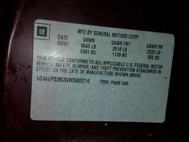 1G4HP52K3VH580214 - 1997 BUICK LESABRE CU BURGUNDY photo 10