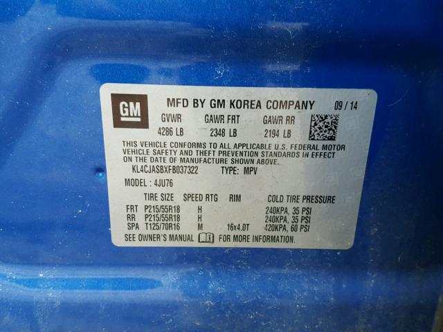 KL4CJASBXFB037322 - 2015 BUICK ENCORE BLUE photo 10