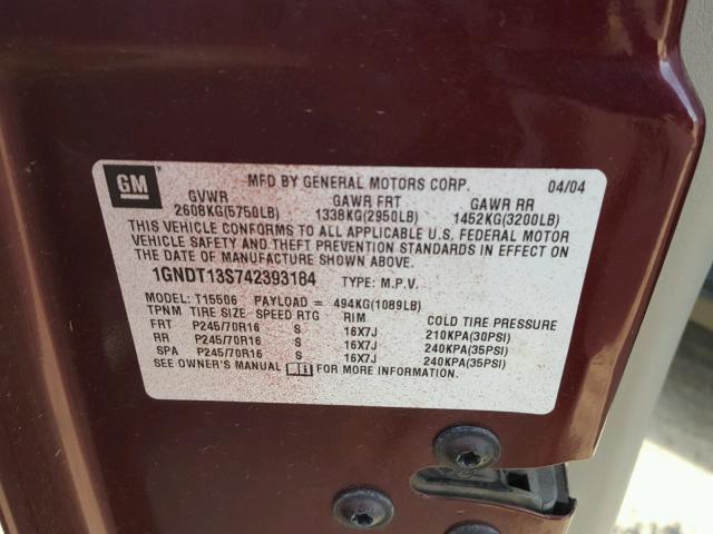 1GNDT13S742393184 - 2004 CHEVROLET TRAILBLAZE MAROON photo 10