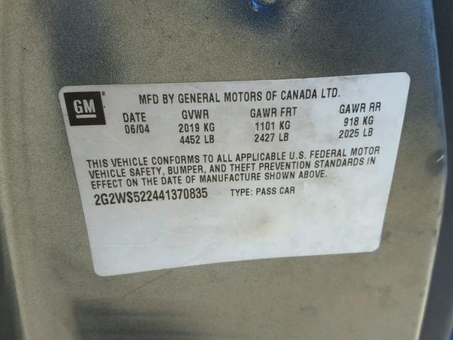 2G2WS522441370835 - 2004 PONTIAC GRAND PRIX GRAY photo 10