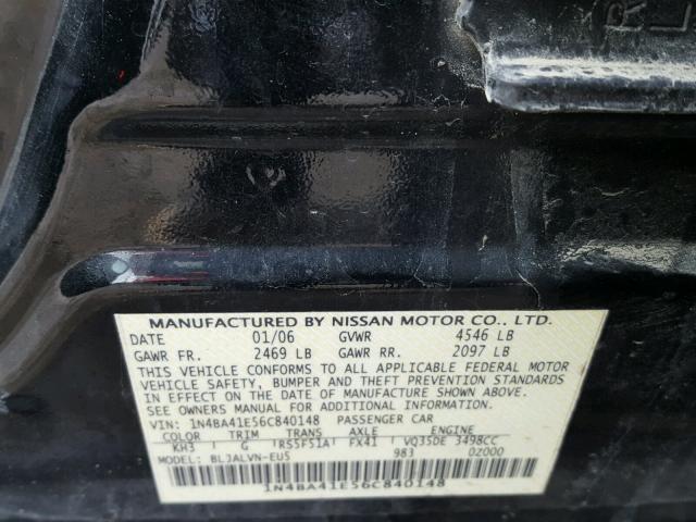 1N4BA41E56C840148 - 2006 NISSAN MAXIMA SE BLACK photo 10