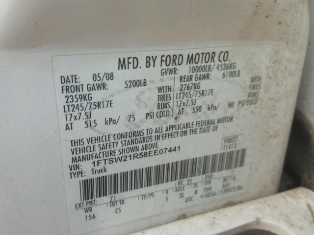 1FTSW21R58EE07441 - 2008 FORD F250 SUPER WHITE photo 10