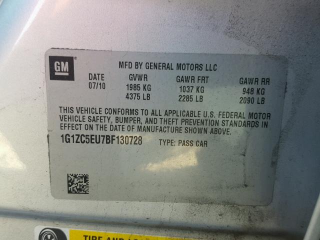 1G1ZC5EU7BF130728 - 2011 CHEVROLET MALIBU 1LT 银色 照片 10