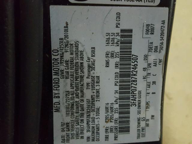 3FAHP07Z87R246507 - 2007 FORD FUSION SE GRAY photo 10