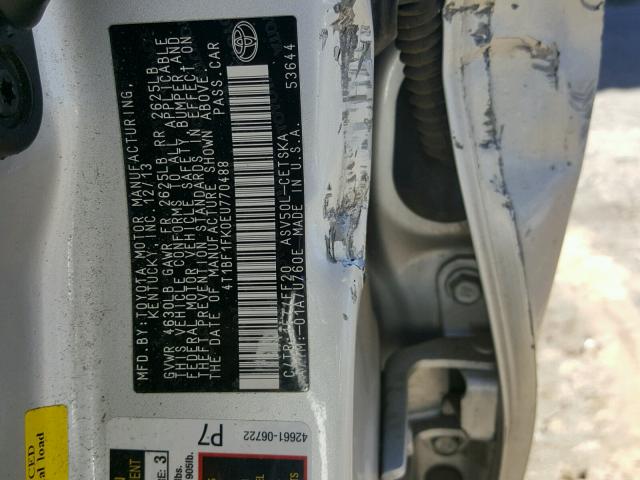 4T1BF1FK0EU770488 - 2014 TOYOTA CAMRY L SILVER photo 10