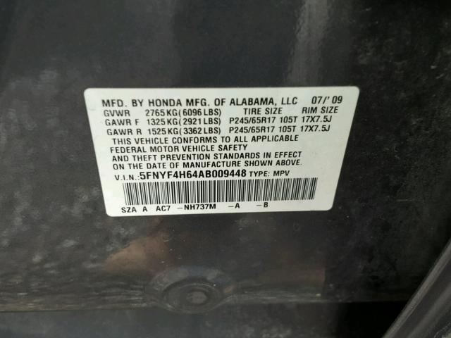 5FNYF4H64AB009448 - 2010 HONDA PILOT EXL CHARCOAL photo 10