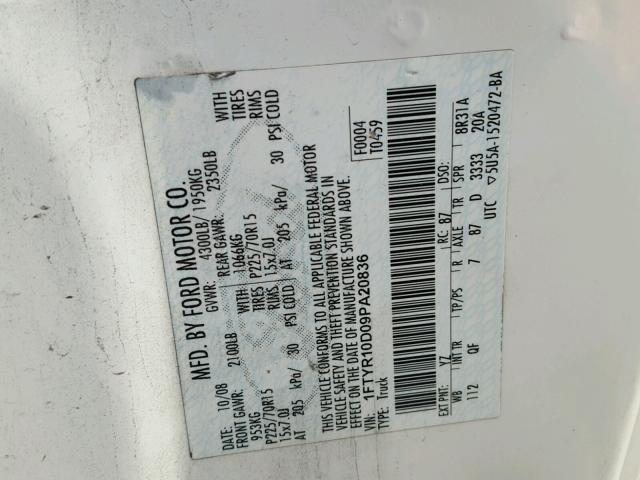 1FTYR10D09PA20836 - 2009 FORD RANGER WHITE photo 10