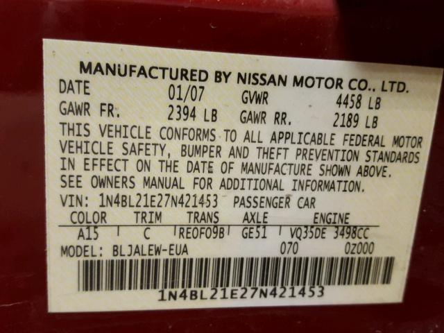 1N4BL21E27N421453 - 2007 NISSAN ALTIMA 3.5 MAROON photo 10