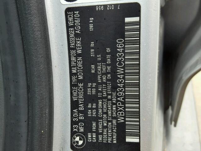 WBXPA93434WC33460 - 2004 BMW X3 3.0I SILVER photo 10