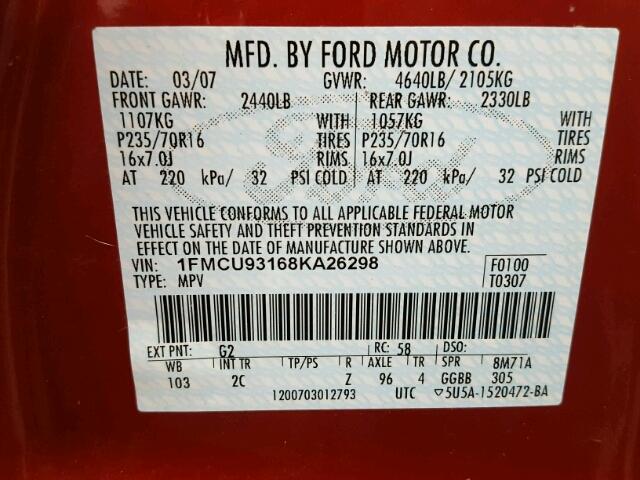 1FMCU93168KA26298 - 2008 FORD ESCAPE XLT RED photo 10