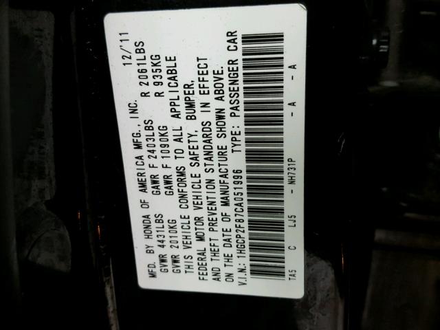 1HGCP2F87CA051996 - 2012 HONDA ACCORD EXL BLACK photo 10