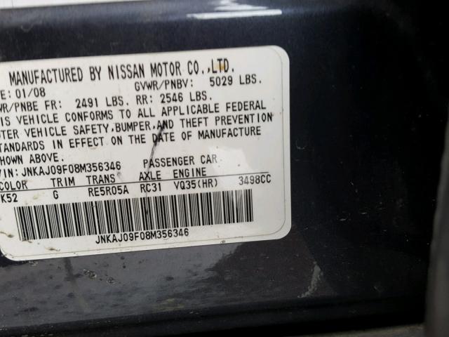 JNKAJ09F08M356346 - 2008 INFINITI EX35 BASE GRAY photo 10