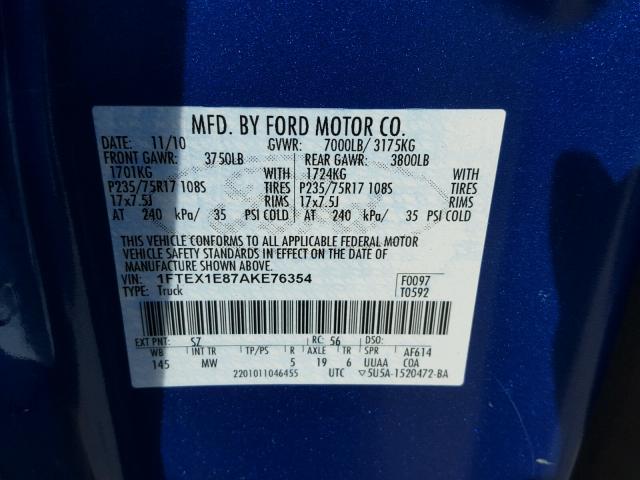 1FTEX1E87AKE76354 - 2010 FORD F150 SUPER BLUE photo 10