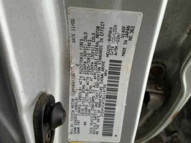 JTEHF21A730114758 - 2003 TOYOTA HIGHLANDER SILVER photo 10