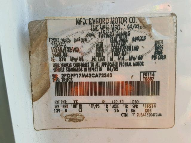 2FDPF17M42CA72340 - 2002 FORD F150 WHITE photo 10