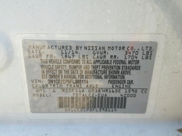 3N1CE2CP5FL398114 - 2015 NISSAN VERSA NOTE WHITE photo 10