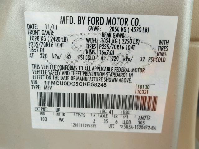 1FMCU0DG5CKB58248 - 2012 FORD ESCAPE XLT GOLD photo 10