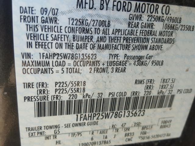 1FAHP25W78G135623 - 2008 FORD TAURUS LIM GRAY photo 10