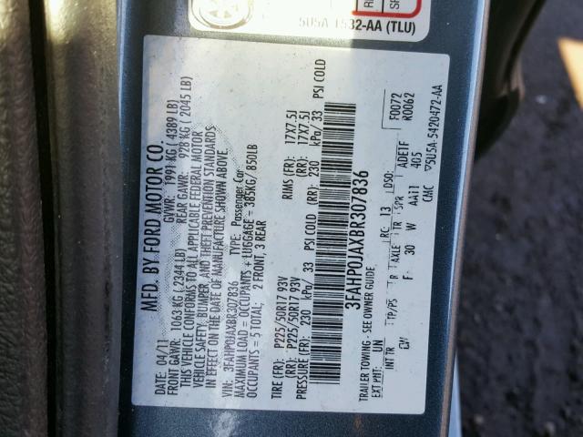 3FAHP0JAXBR307836 - 2011 FORD FUSION SEL BLUE photo 10