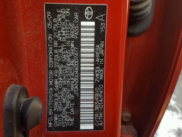 JTDKN3DU4A0007477 - 2010 TOYOTA PRIUS RED photo 10