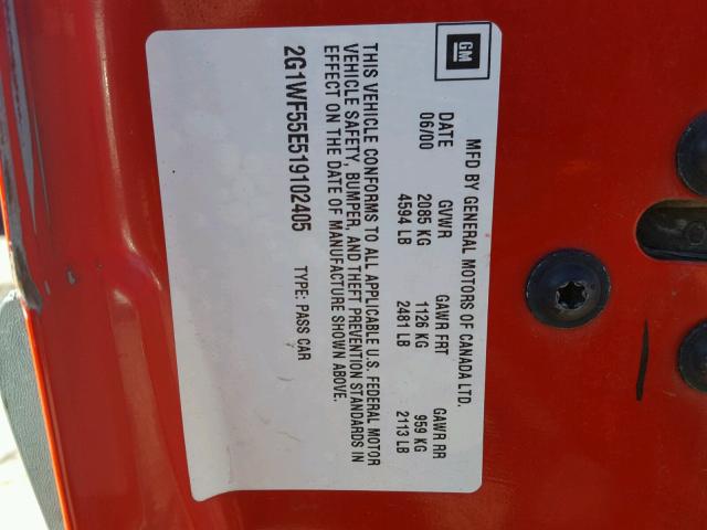 2G1WF55E519102405 - 2001 CHEVROLET IMPALA RED photo 10