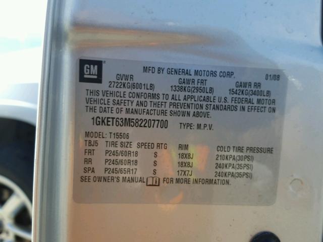 1GKET63M582207700 - 2008 GMC ENVOY DENA GRAY photo 10