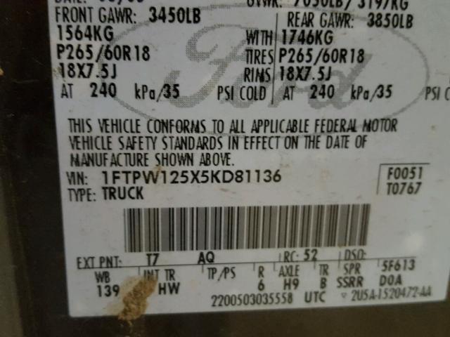 1FTPW125X5KD81136 - 2005 FORD F150 SUPER TWO TONE photo 10