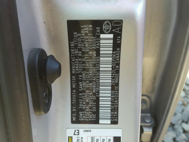 2T1BU40E69C160385 - 2009 TOYOTA COROLLA BA GRAY photo 10